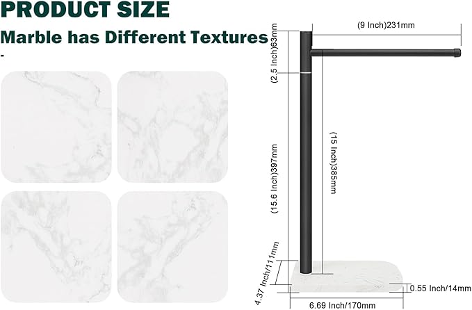 Hand Towel Holder, L-Shape Hand Towel Stand with Marble Base, Stainless Steel Swivel Hand Towel Rack Standing Towel Bar for Bathroom Kitchen Countertop, 1 Arm (Matte Black)