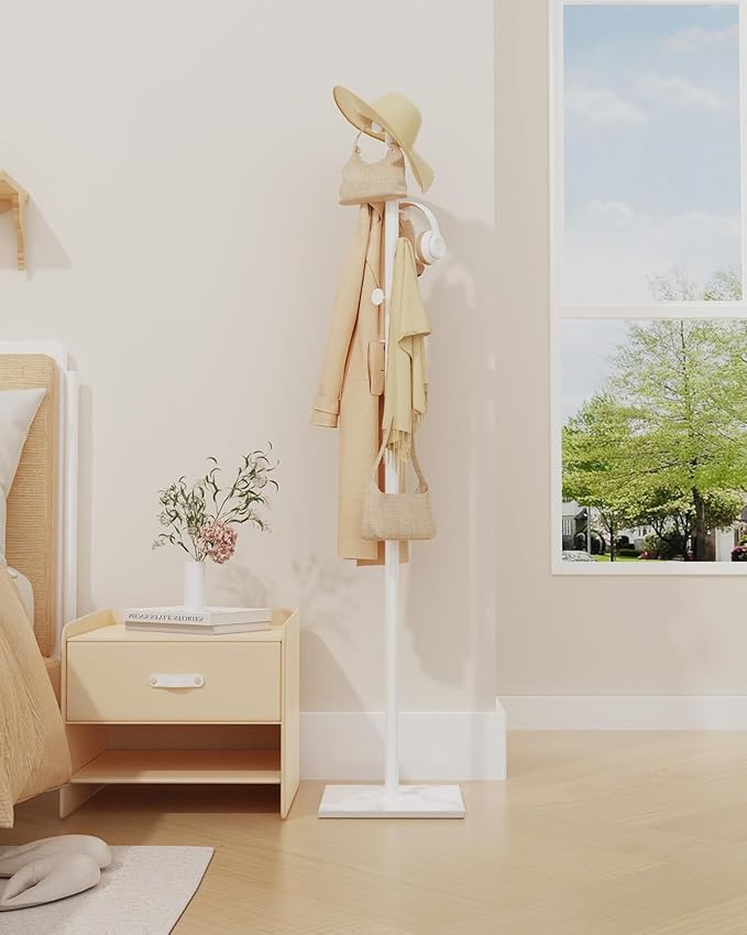 Coat Rack Freestanding, Small Standing Coat Tree with Heavy Rock Slab Base, Modern Metal Coat Hanger Stand with 8 Hooks, Garment Rack, 11.8 x 11.8 x 68.9 In, White, GYJ002W-NeatNest