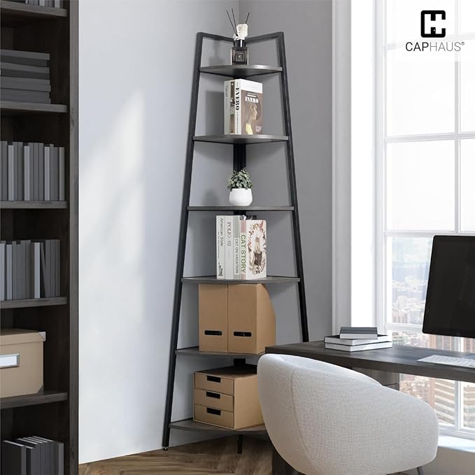 CAPHAUS Tall Corner Shelf Stand, 6-Tier Display Shelves, Ladder Corner Wood Storage Plant Bookshelf with Metal Frame, Versatile Shelving Unit Bookcase for Home Office Space, Dark Grey-NeatNest
