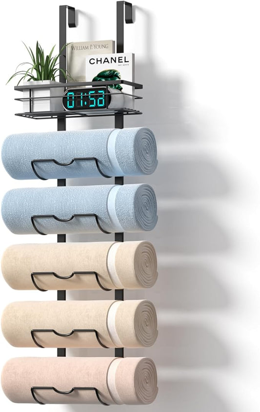 6-Tier Over The Door Towel Rack,Towel Racks for Bathroom, Metal Towel Holder with Storage Basket,Towel Storage for Small Bathroom,Towel Rack for Rolled Towels,Black, TM-6B