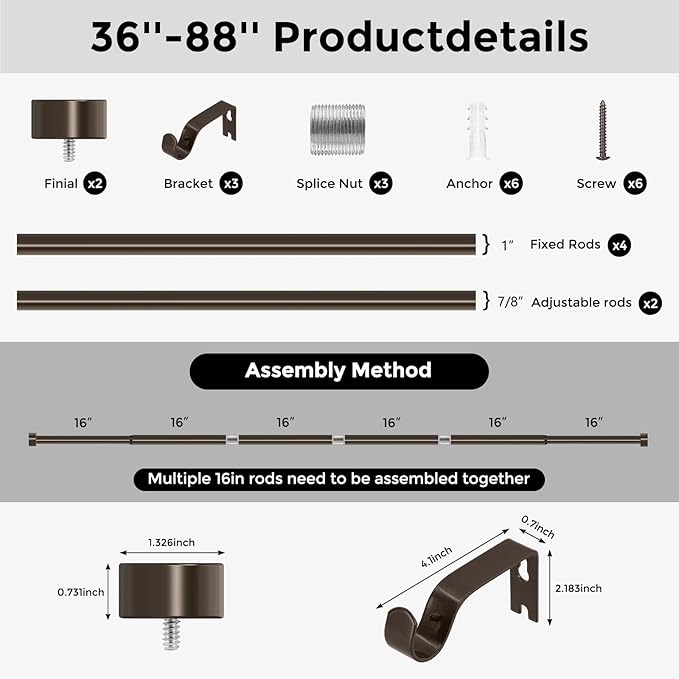 Bronze Curtain Rods for Windows 48 to 84 Inch(4-7 Feet),1" Diameter Drapery Rods with Modern Style End Cap Finials,Size:36-88 Inch,Antique Bronze-NeatNest