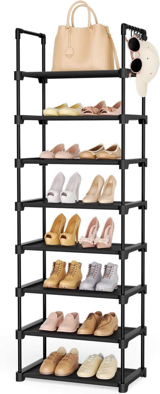 Tall Shoe Rack 8 Tiers, 16-20 Pairs Shoe and Boots Organizer Storage Sturdy Shoe Shelf, Narrow Vertical Shoe Rack for Entryway, Closet, Metal Shoe Organizer with 5 Hooks-NeatNest