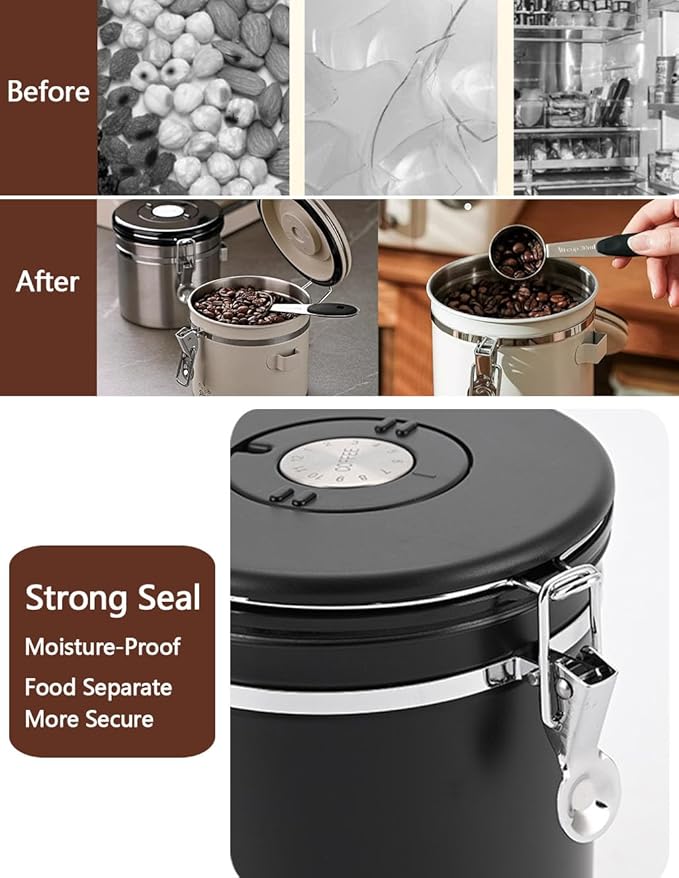 Coffee Canister Airtight Coffee Storage Container Stainless Steel Air Tight Coffee Jar with Scoop, Date Tracker and CO2 Release Valve for Beans, Ground, Tea, Flour, Cereal and Sugar (2pcs-Black-1.8L)-NeatNest