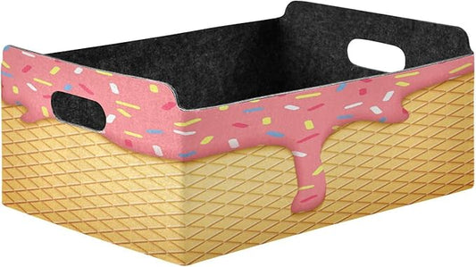 Kigai Ice Cream Cone Storage Basket, Foldable Open Storage Bins with Double Handle, Felt Storage Boxes for Office Desk, Rectangular Closet Organizer Containers for Home Bedroom
