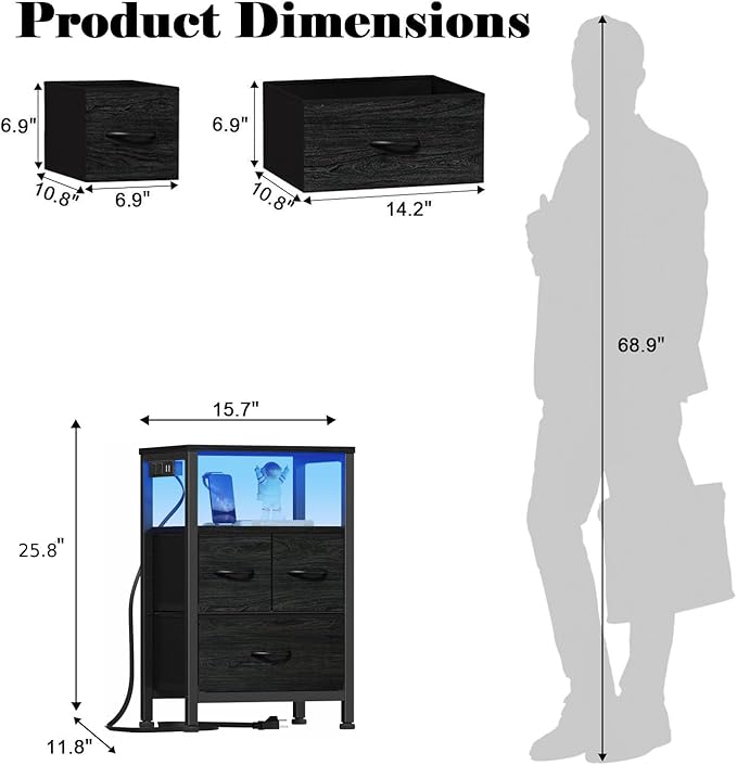 Furnulem Black Nightstand with Wood Shelf, Bed Side Table with Led Light and Charging Station, 25.8 Inch End Table with 3 Fabric Storage Drawers, Small Night Stand for Bedroom Furniture