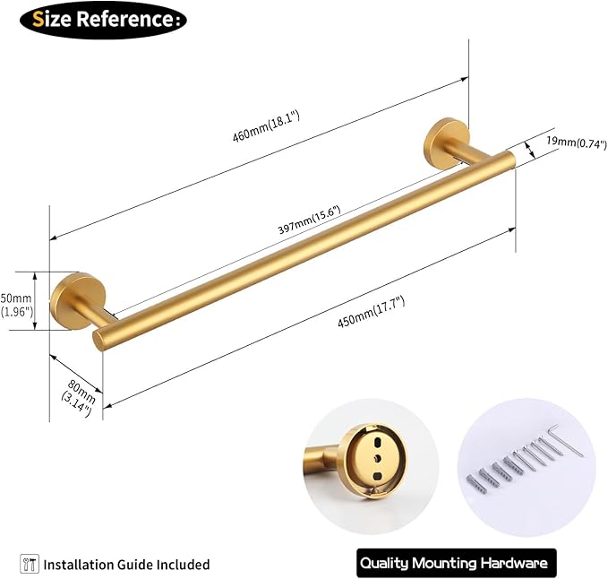 GERZWY 18-Inch Bathroom Towel Bar Gold Stainless Steel Modern Round Style Bath Towel Rack Wall Mount AG1101C45-BE
