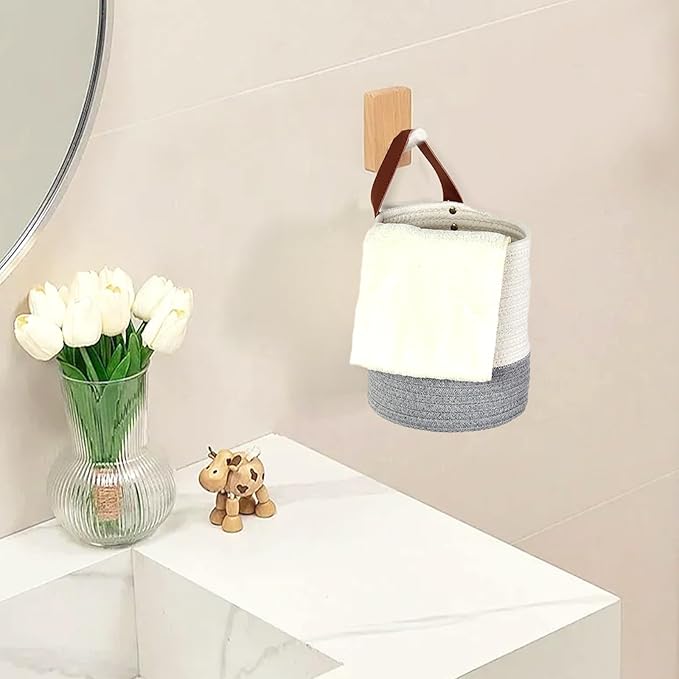 DULLEMELO Small Woven Rope Hanging Baskets - 2 Pack for Boho Wall Decor, 7 X 8 Inches Storage Basket with Handle, White&Grey-NeatNest