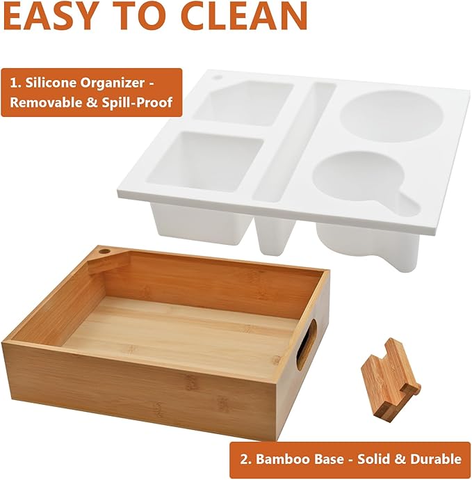 Couch Cup Holder with Bamboo Tray and Anti-Spill Silicone Liner for TV Watching Snack Trays with Cup and Remote Holder (White)-NeatNest