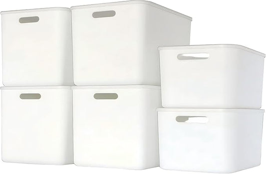 Set Of 6 Plastic Storage Bins With Lids,Versatile Kitchen Pantry Organization and Storage,for Plastic Storage Container Under Bed,Under Sink Bathroom Organizer (White, 4 Medium+2Small)-NeatNest