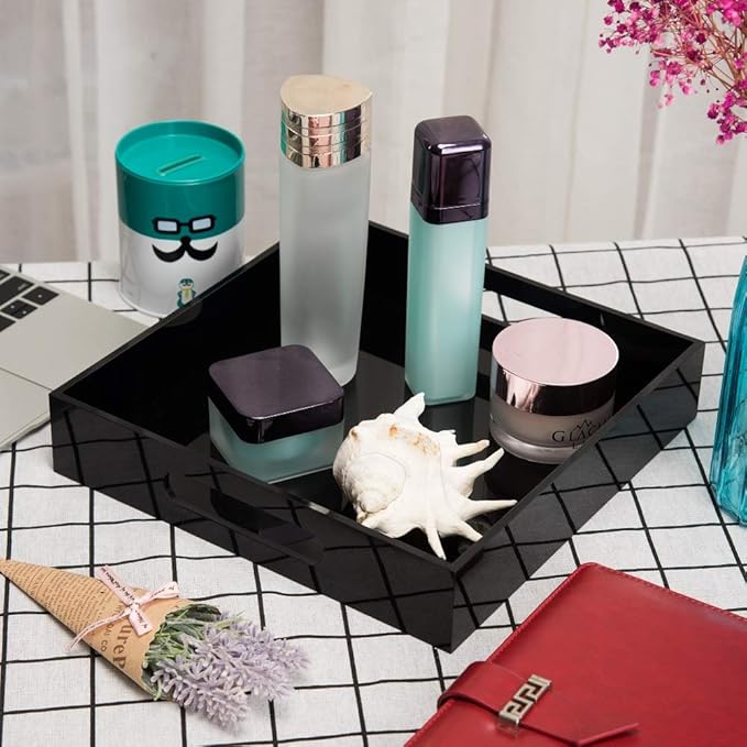 Glossy Black Sturdy Acrylic Serving Tray with Handles-10x10Inch-Serving Coffee,Food,Breakfast,Butler-Kitchen Countertop Tray-Makeup Drawer Organizer-Vanity Table,Ottoman Tray-Decorative Tray-NeatNest