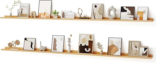 Floating Picture Ledge Shelves for Wall Set of 2, 95 Inches Picture Ledge Shelf with Long Large Nursery Book Shelf for Toys Storage Kids Bookshelf Wall Mounted Living Room Bedroom Decor Frames, Oak-NeatNest