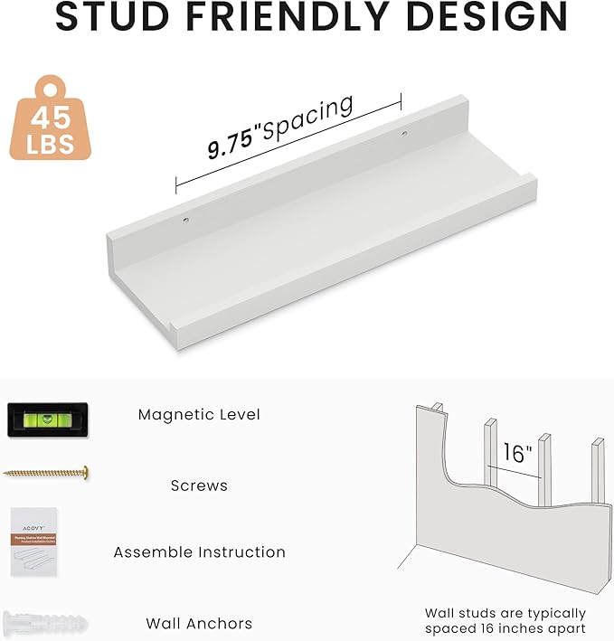 Floating Shelves for Wall, 16 inch Solid Wood Picture Ledge Shelf, Picture Shelf for Wall with Ledge, Floating Book Shelves for Living Room Bedroom Kitchen Nursery Decor, White, Set of 2-NeatNest