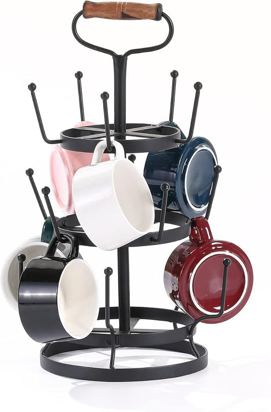 Jemeni Coffee Mug Cup Tree Rack Holder Stand for Counter with Handle, 15-Hook, Black-NeatNest