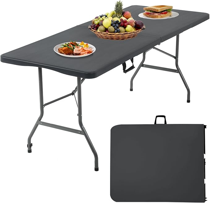 6 Foot Folding Table Small Table Multipurpose Indoor Outdoor Heavy Duty Camping Table Portable Picnic Table Fold-in-Half Utility Dining Table Lock for Picnic,Party,Camping,Black-NeatNest