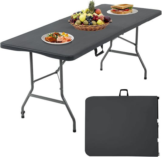 6 Foot Folding Table Small Table Multipurpose Indoor Outdoor Heavy Duty Camping Table Portable Picnic Table Fold-in-Half Utility Dining Table Lock for Picnic,Party,Camping,Black-NeatNest