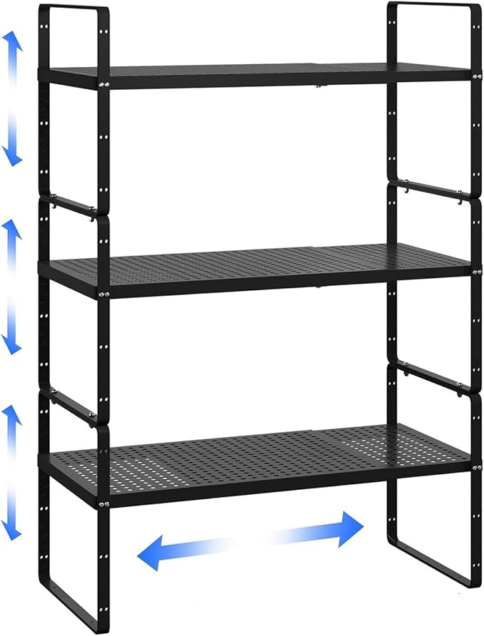 Expandable Kitchen Cabinet Shelf Organizer Rack Heavy Duty Metal Spice Rack Stackable Kitchen Counter Storage Shelf for Kitchen Cabinet Pantry Bathroom (Black - 16.5"-27" L x 8" W x 9.6" H - 3Pack)-NeatNest