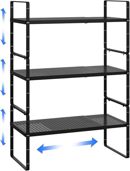 Expandable Kitchen Cabinet Shelf Organizer Rack Heavy Duty Metal Spice Rack Stackable Kitchen Counter Storage Shelf for Kitchen Cabinet Pantry Bathroom (Black - 16.5"-27" L x 8" W x 9.6" H - 3Pack)-NeatNest