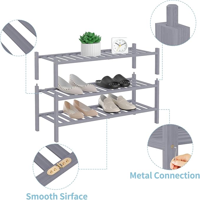 Shoe Rack, 3 Tier Bamboo Shoe Rack for Closet, Stackable Wooden Shoe Organizer, Free Standing Wood Shoe Shelf for Entryway Small Space, 27" x 11" x 20", Grey-NeatNest