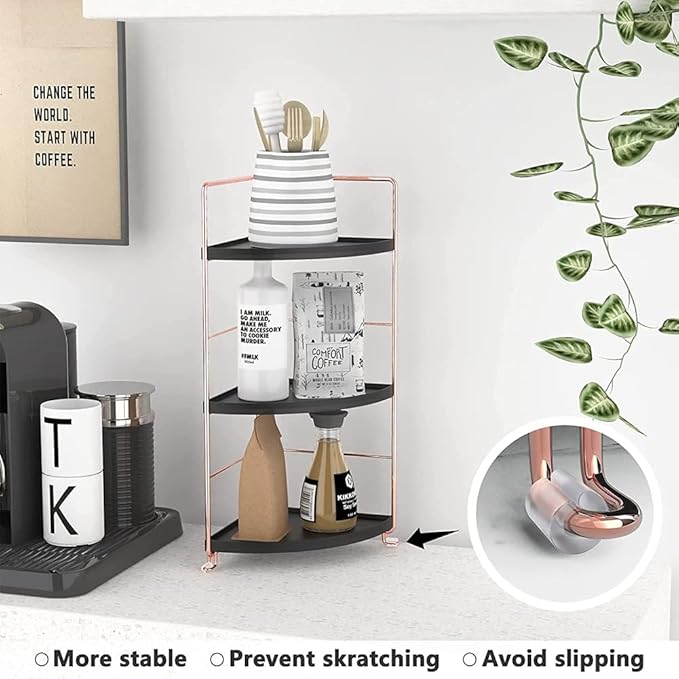 3-Tier Bathroom Countertop Organizer, Vanity Tray Cosmetic & Makeup Storage, Kitchen Spice Rack Standing Shelf, Corner Storage Shelf, Black & Rose Gold-NeatNest