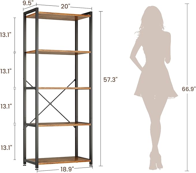 Casaottima Book Shelf, 5 Tier Bookshelf, Modern Wood Bookcase Shelves for Bedroom, Industrial Display Shelf for Living Room Home Office Kitchen, Standing Shelving Unit Storage Organizer, Vintage-NeatNest