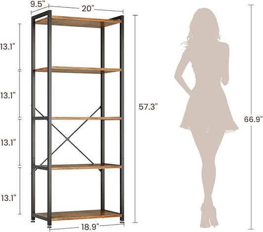Casaottima Book Shelf, 5 Tier Bookshelf, Modern Wood Bookcase Shelves for Bedroom, Industrial Display Shelf for Living Room Home Office Kitchen, Standing Shelving Unit Storage Organizer, Vintage-NeatNest