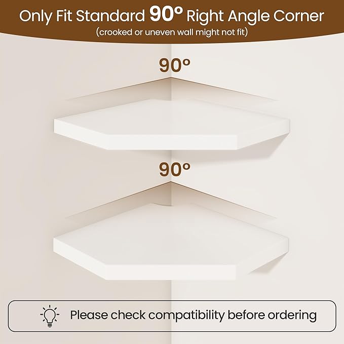 Fun Memories Corner Shelf Wall Mount, Solid Oak Wood Floating Corner Shelves with Cable Hole, 7in Rustic Design for Bedroom, Bathroom, Kitchen, Living Room (White, 1 Pack)-NeatNest