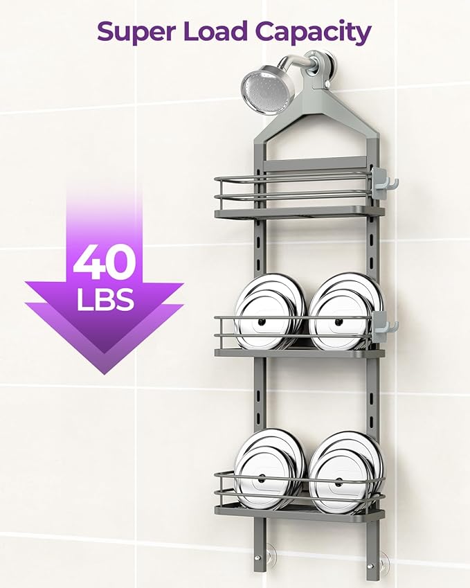 ODesign 3 Tier Height-Adjustable Shower Caddy Hanging Anti-Swing-Over The Shower Head Caddy-Showe r Storage Organizer Bathroom Shelves Basket Caddies-Grey