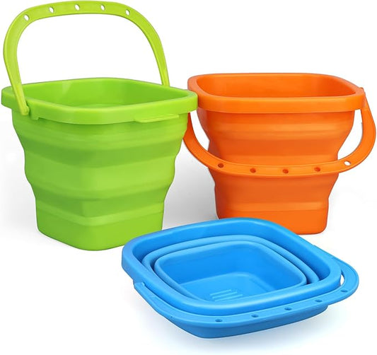 Jumbo Beach Sand Bucket Toy for Kids, 3L Collapsible Sandbox Pail, Easter Buckets, 3 Pack Multi Use Tool for Garden, Planting, Camping, Storage Fishing, Washing, Summer Holiday Travel Birthday Gifts-NeatNest