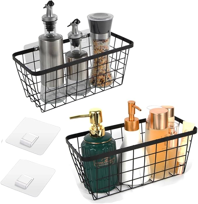 2 Pack Hanging Wall Basket Organizer Over the Cabinet Door Wire Baskets for Organizing -Space-Saving Hanging Baskets for Organizing Wall Mount Storage,No Drilling Adhesive Wall Storage Basket, Black-NeatNest