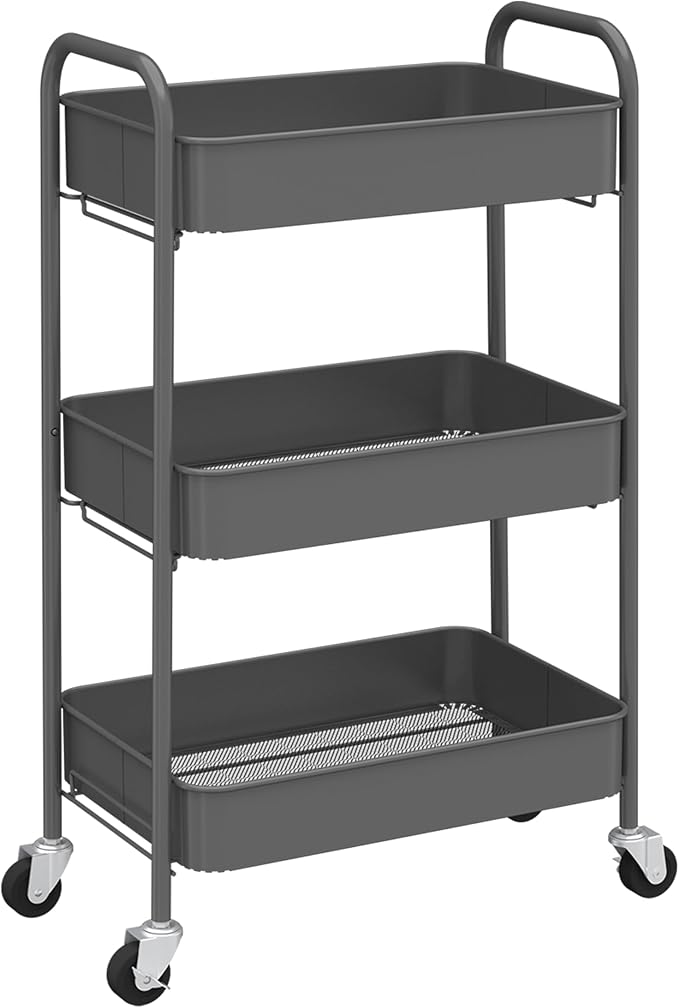 CAXXA 3-Tier Rolling Metal Storage Organizer - Mobile Utility Cart with Caster Wheels, Gray-NeatNest