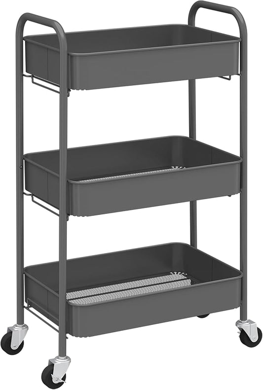 CAXXA 3-Tier Rolling Metal Storage Organizer - Mobile Utility Cart with Caster Wheels, Gray-NeatNest