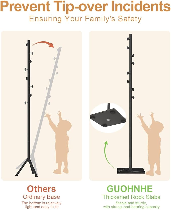 Coat Rack Freestanding, Small Standing Coat Tree with Heavy Rock Slab Base, Modern Metal Coat Hanger Stand with 8 Hooks, Garment Rack, 11.8 x 11.8 x 68.9 In, Black, GYJ002B-NeatNest