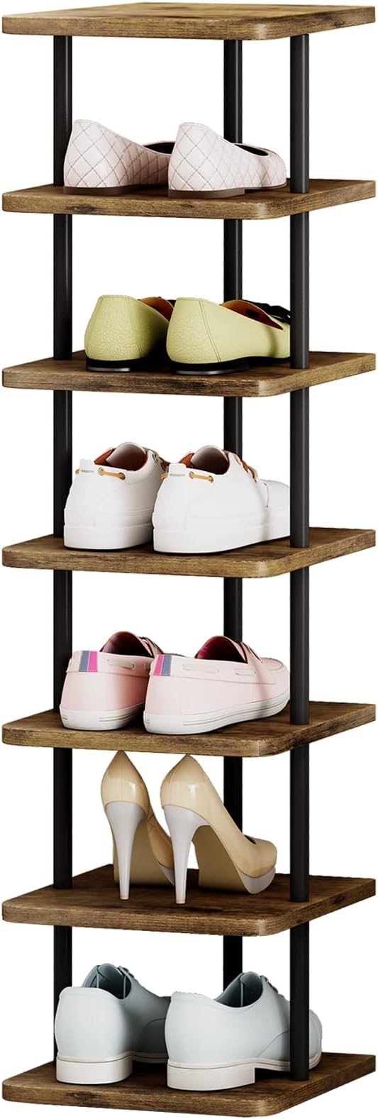 AZERPIAN Shoe Rack 7 Tier Vertical Storage Organizer Narrow Metal Slim Shelf Modern Free Standing Shoe Tower Saving Space for Closet Entryway Bedroom,Black+Rustic Brown-NeatNest