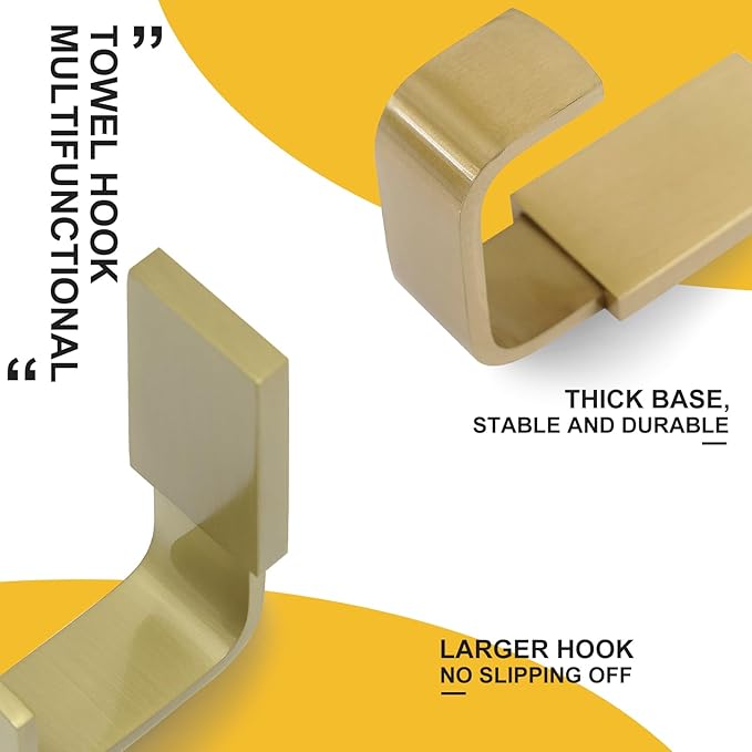 BESy Brass Clothes Hook Single Towel Hook for Bathroom Kitchen Garage Square Style Robe Hooks Coat and Hat Hook, Self Adhesive with Glue or Wall Mounted with Screws, Four Packs, Brushed Gold-NeatNest