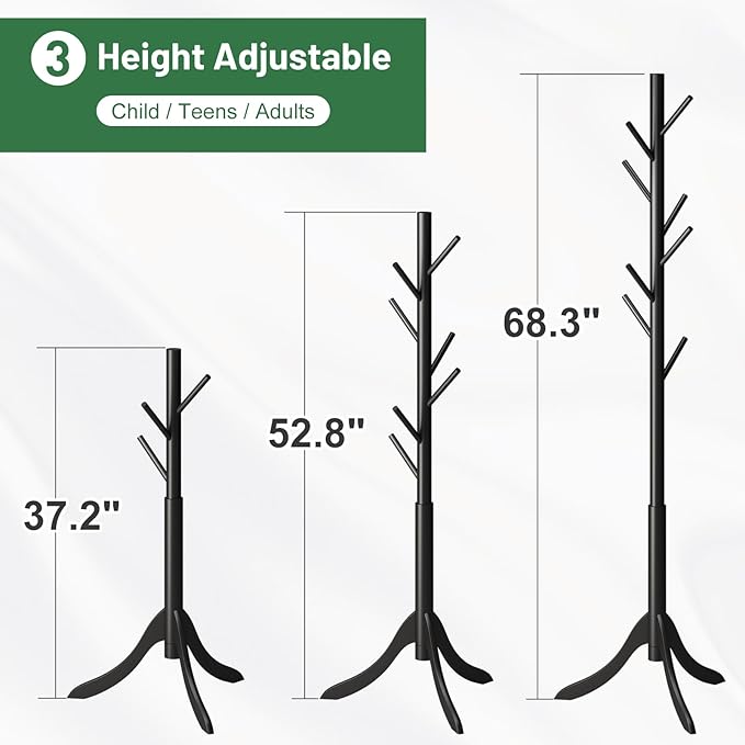 Black Coat Rack Stand, Bamboo Wood Freestanding Coat Tree with 8 Hooks, Hallway Entryway Hat Hanger Organizer Standing for Bedroom, Office, Clothes, Jackets, Bags, Umbrallas-NeatNest