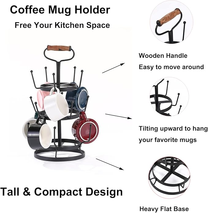 Jemeni Coffee Mug Cup Tree Rack Holder Stand for Counter with Handle, 15-Hook, Black-NeatNest