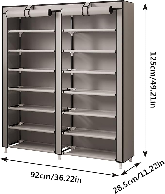 MOYIPIN Shoe Rack Storage Organizer, Double Row Portable Nonwoven Fabric Cover Shoe Rack Holds up to 28 Pairs 36.2 x 11.2 x49.2 Inches Grey-NeatNest
