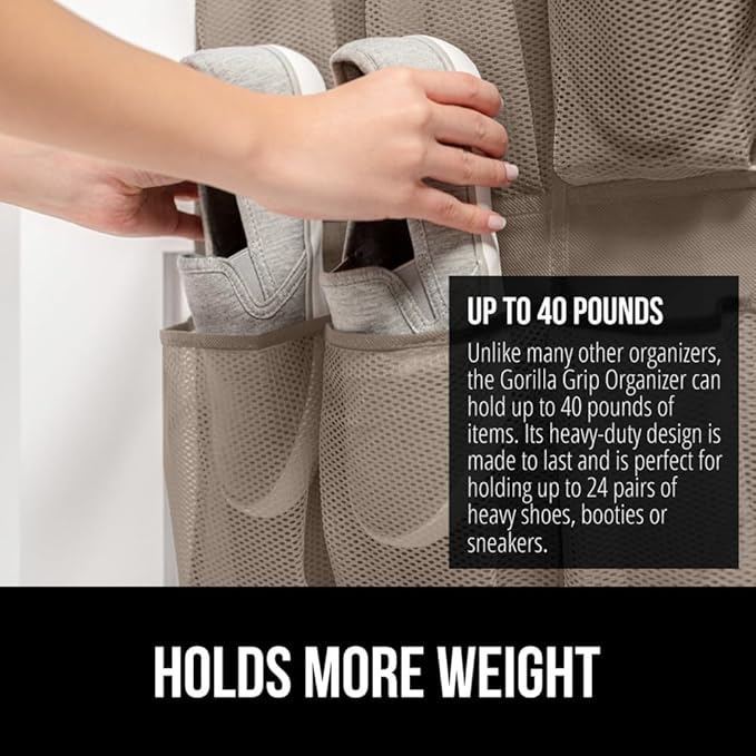 GORILLA GRIP Over the Door Shoe Organizer, 24 Large Breathable Mesh Pockets, Space Saving Hanging Storage Holder, Closet Rack Hanger Holds Up to 40 lbs, Hangs on Closets for Shoes, Accessories, Beige-NeatNest