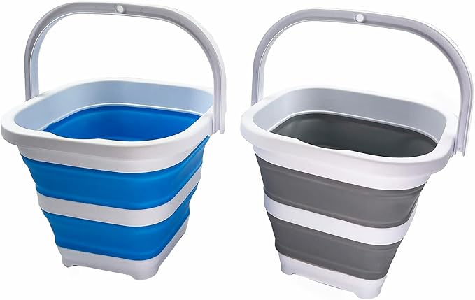 SAMMART Collapsible Rectangular Cleaning Bucket 5L (1.3 Gallon)- Foldable Camping Beach Sand Water Pot Pail- Portable Space Saving Tub for Household, Outdoor Car Washing (Grey + Sky Blue (Set of 2))-NeatNest
