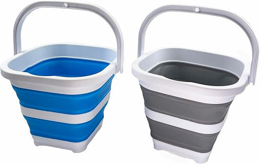SAMMART Collapsible Rectangular Cleaning Bucket 5L (1.3 Gallon)- Foldable Camping Beach Sand Water Pot Pail- Portable Space Saving Tub for Household, Outdoor Car Washing (Grey + Sky Blue (Set of 2))-NeatNest