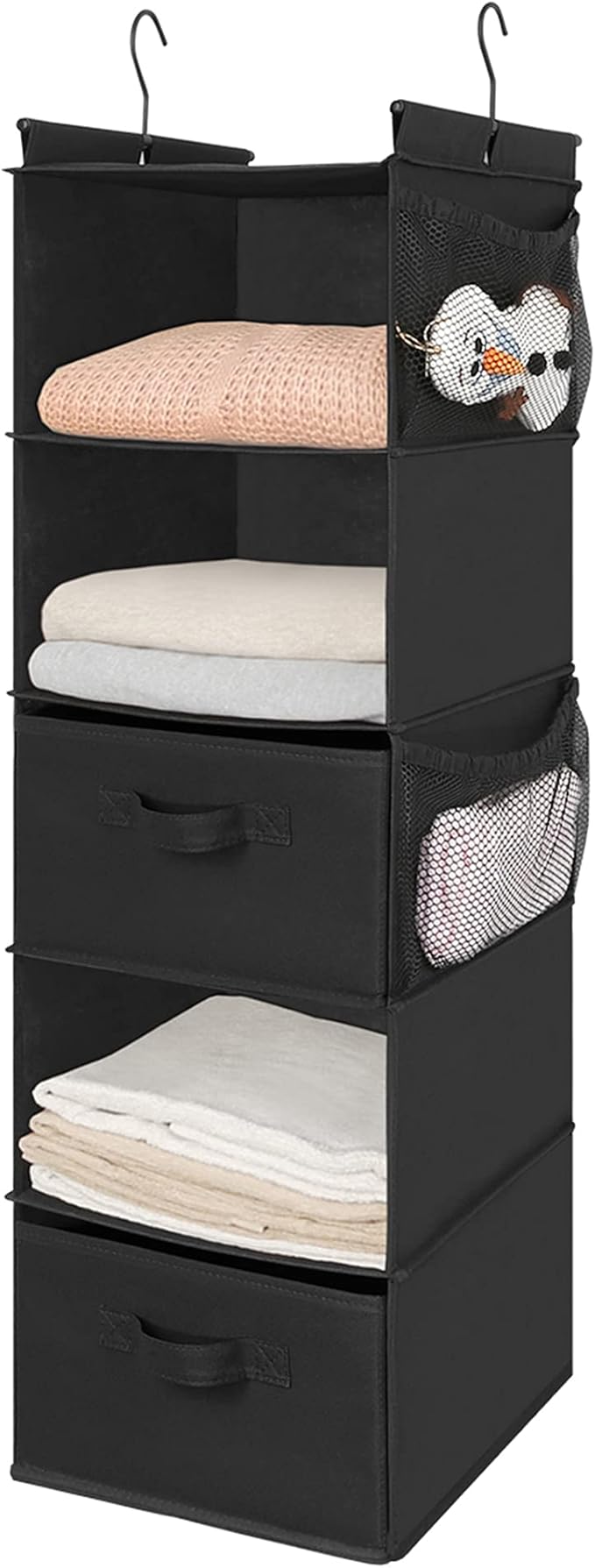 MAX Houser 5 Tier Shelf Hanging Closet Organizer, Cloth Hanging Shelf with 2 Sturdy Hooks for Storage, Foldable (Black-D2)-NeatNest