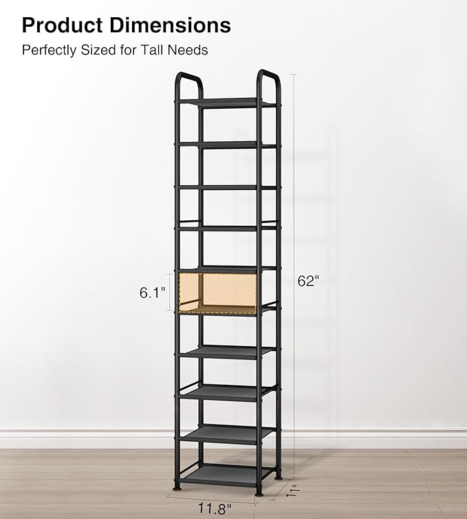 STO STO 10-Tier Narrow Shoe Rack with Sturdy Mesh Shelves, Slim Tall Metal Shoe Organizer for Entryway, Closet, Hallway, Holds 10 Pairs, Vertical Free Standing Shoe Storage Shelf, Black-NeatNest