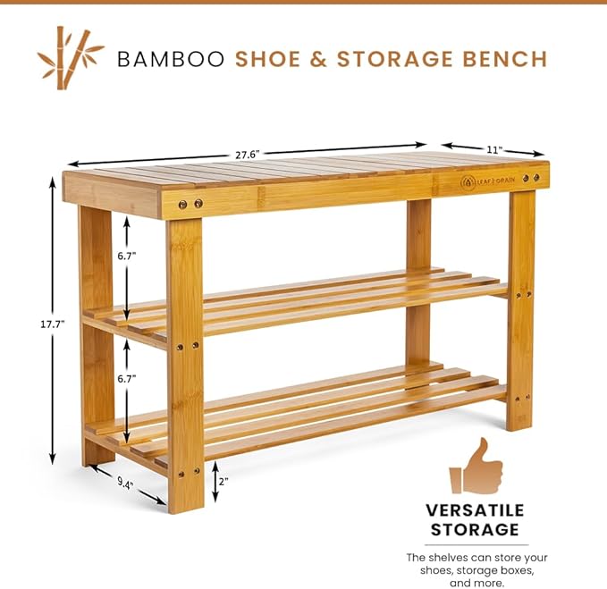 Leaf & Grain Bamboo Shoe Rack - Shoe Storage Bench for Front Door Entrance - Entryway Bench with Shoe Shelf, Shoe Storage Organizer, Wooden Shoe Rack, Durable Shoe Bench for Home (Brown)-NeatNest