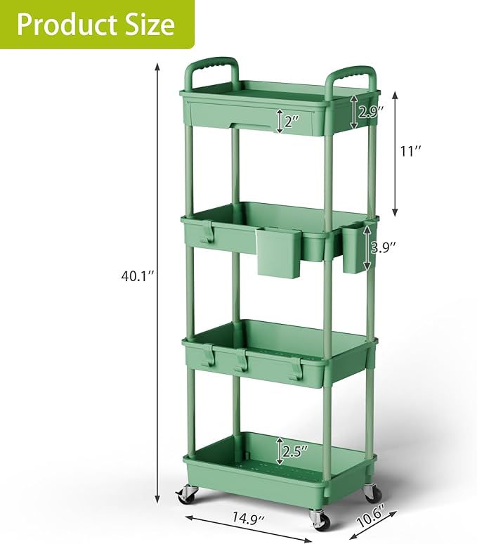 4 Tier Rolling Cart Organizer,Art Craft Diaper Bedside Snack Laundry Room Bathroom Organizer Narrow Thin Slim Rolling Trolley Utility Cart with Wheels for Kitchen,Office(Green)-NeatNest