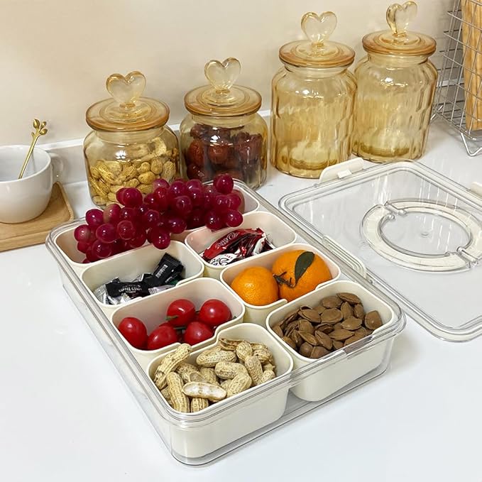 JOSUCLEN 2 Divided Serving Tray with Lid, Charcuterie Snack Box Container Portable, Fruit Storage Containers for Fridge, Travel Charcuterie Board with Lid