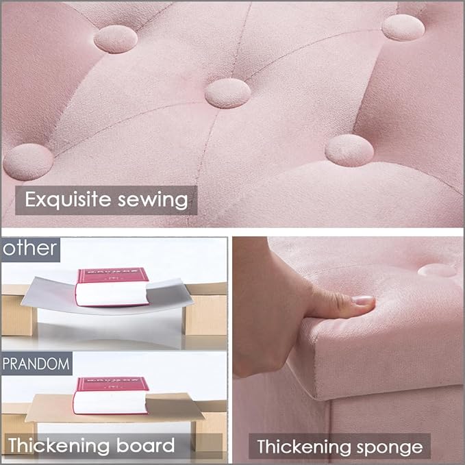 PRANDOM Jumbo Ottoman with Storage [1-Pack] Velvet Folding Small Square Foot Stool with Lid for Living Room Bedroom Coffee Table Dorm Pink 43x15x15 inches-NeatNest