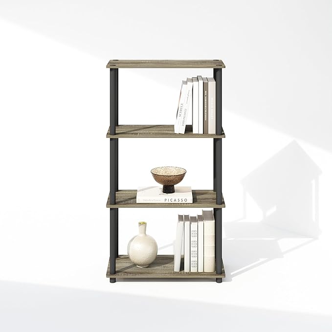 Furinno Turn-N-Tube 4-Tier Multipurpose Bookshelf, Bookcase, French Oak/Black-NeatNest