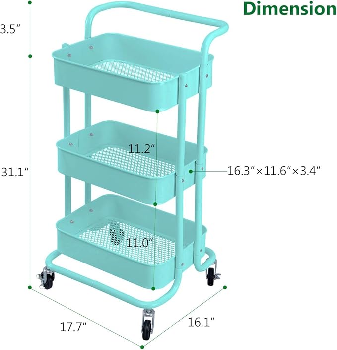 3-Tier Metal Mesh Rolling Cart Storage Organizer with Utility Handle and Wheels, Turquoise-NeatNest