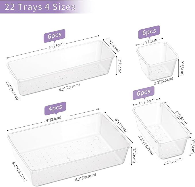 22 PCS Clear Drawer Organizer Set, 4-Size Vanity and Desk Drawer Organizer Trays with Non-Slip Silicone Pads, Plastic Storage Bins for Makeup, Jewelry, Bathroom, Office, Fridge, Kitchen-NeatNest