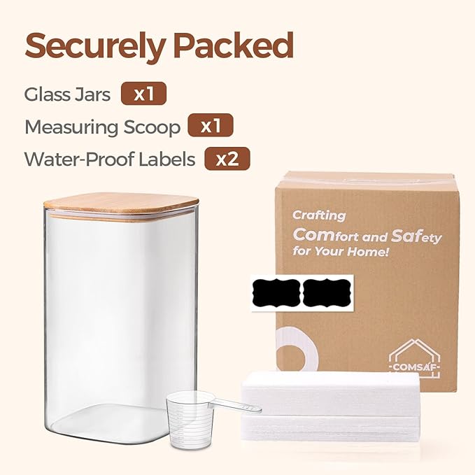 ComSaf 4.6Qt Glass Food Storage Containers, 1.2 Gallon Glass Flour and Sugar Containers with Airtight Lids, Large Square Jars with Bamboo Lids for Rice, Pasta, Oats, Grains, Cookies, Coffee Beans-NeatNest